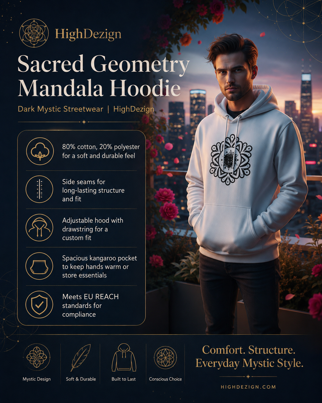 A man wearing a light gray hoodie with a black mandala geometric print on the front, set against a dark, mystical city skyline at dusk with roses. The left side features product specifications and branding for 'HighDesign' under the name 'Sacred Geometry Mandala Hoodie'.
