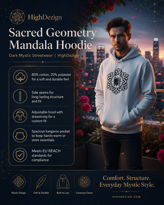 A man wearing a light gray hoodie with a black mandala geometric print on the front, set against a dark, mystical city skyline at dusk with roses. The left side features product specifications and branding for 'HighDesign' under the name 'Sacred Geometry Mandala Hoodie'.
