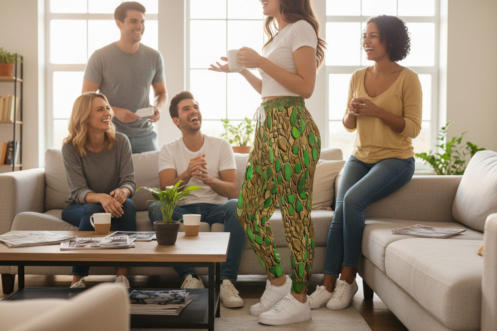 Group of people sitting on a couch in a living room, engaged in conversation.
