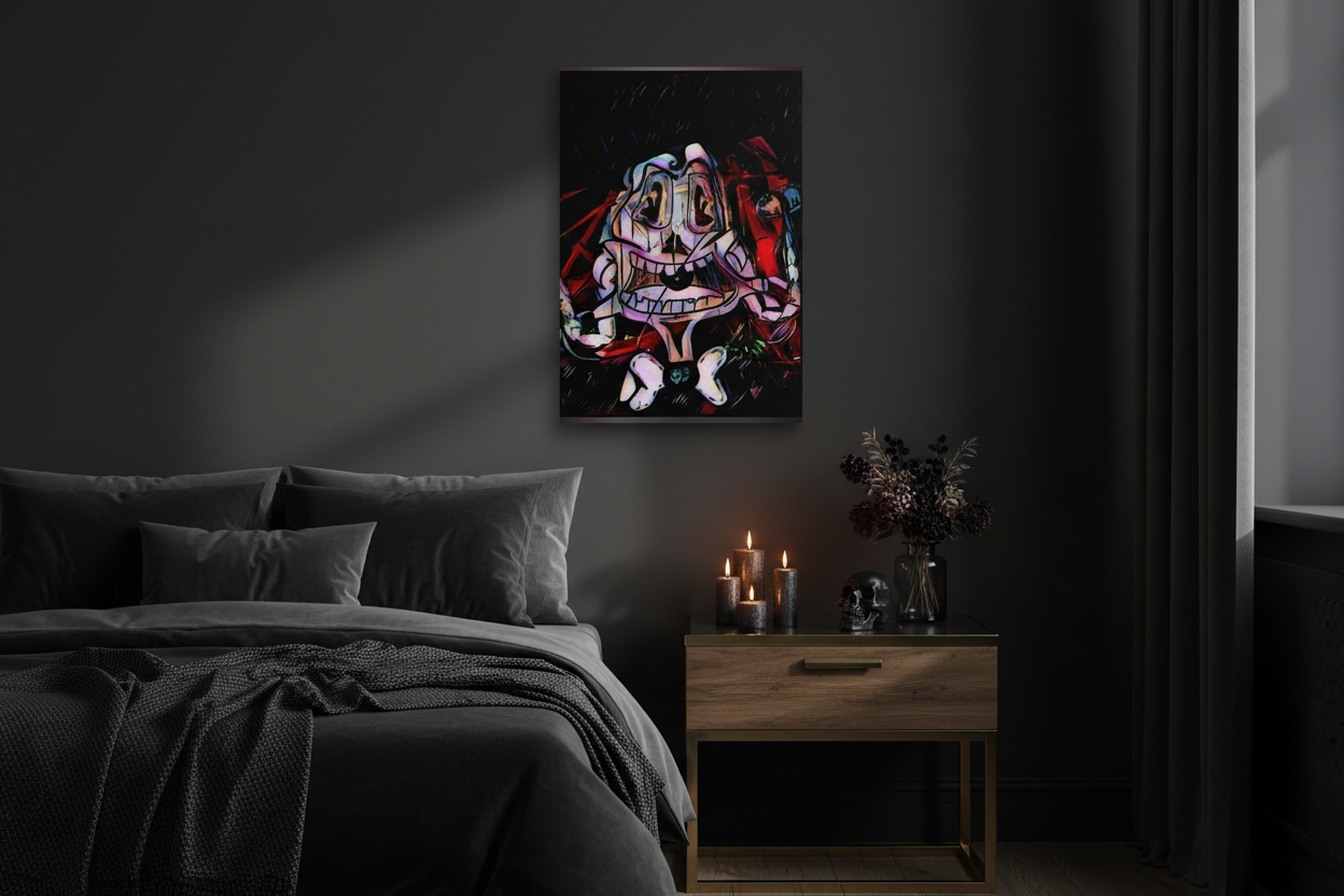 Colorful abstract painting on a dark wall above a bed in a dimly lit bedroom.