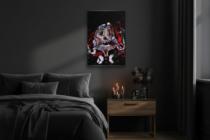 Colorful abstract painting on a dark wall above a bed in a dimly lit bedroom.