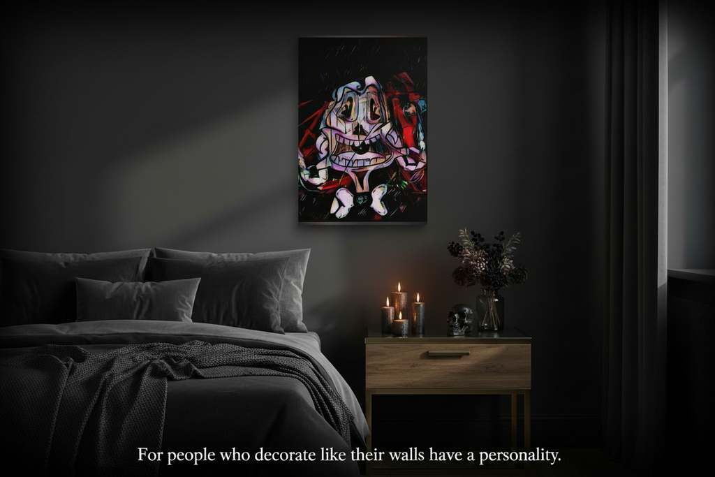 Colorful abstract painting on a dark wall above a bed in a dimly lit bedroom.
