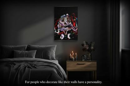 Colorful abstract painting on a dark wall above a bed in a dimly lit bedroom.