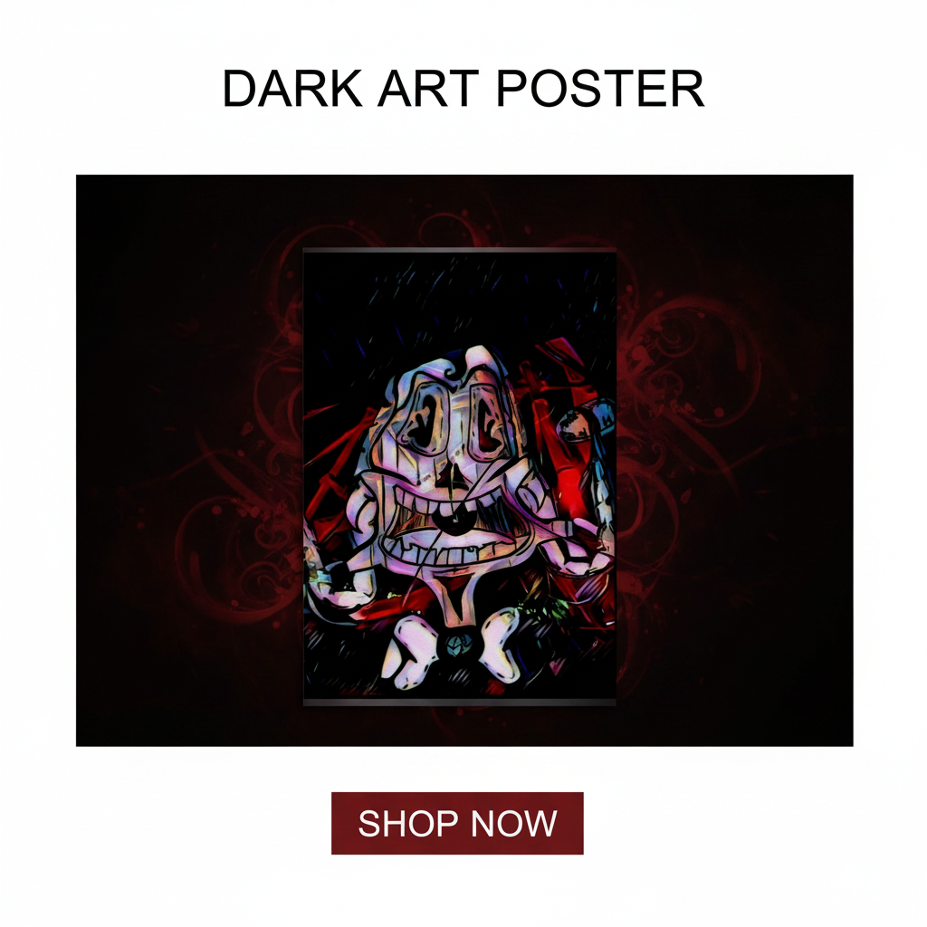 Dark art poster with a stylized face design on a black background, featuring a 'Shop Now' button.