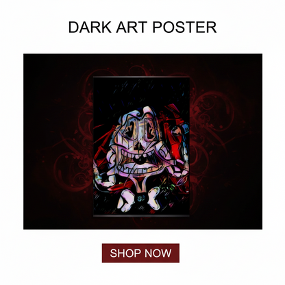 Dark art poster with a stylized face design on a black background, featuring a 'Shop Now' button.