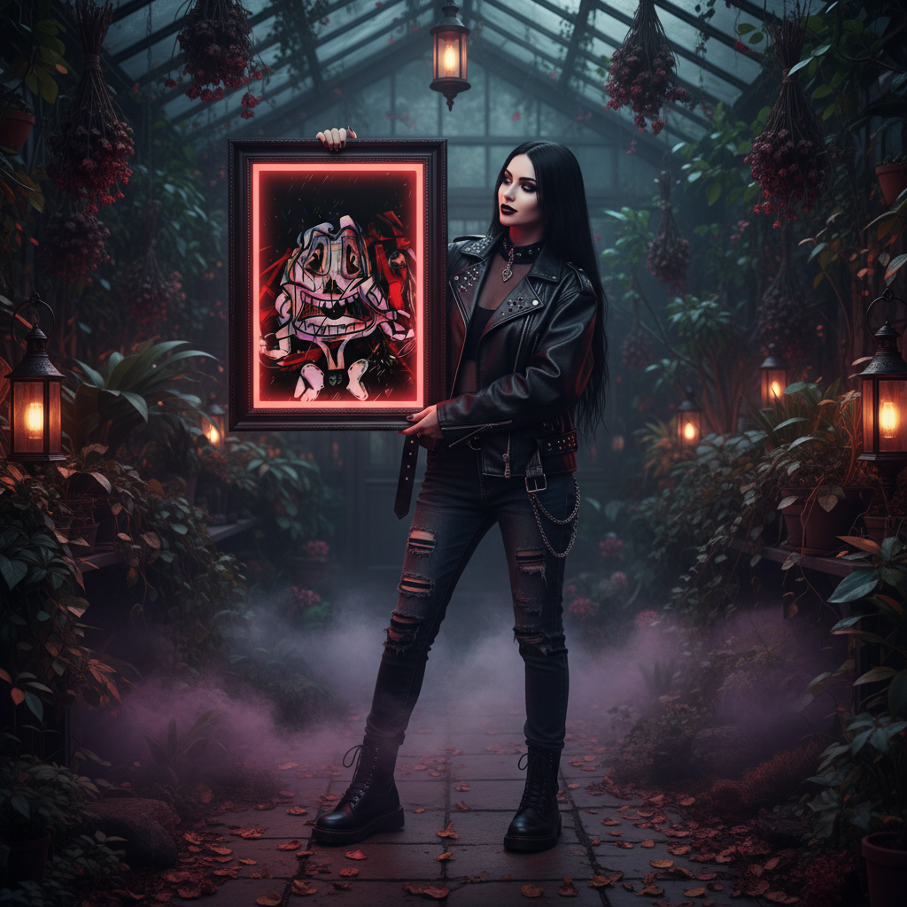 Person in dark, gothic attire holding a framed artwork in a misty, garden-like setting.