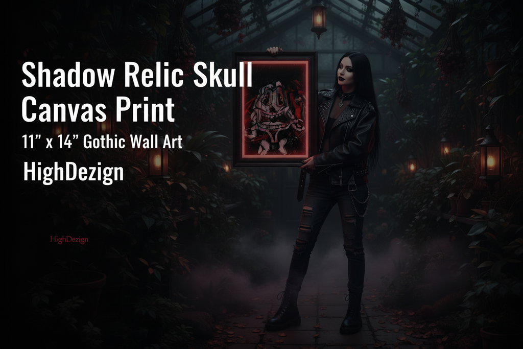 Person holding a framed artwork with 'Shadow Relic Skull' text and 'HighDezign' branding.