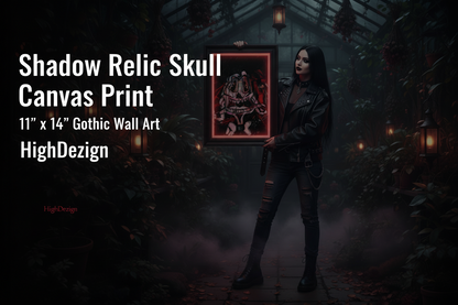 Person holding a framed artwork with 'Shadow Relic Skull' text and 'HighDezign' branding.