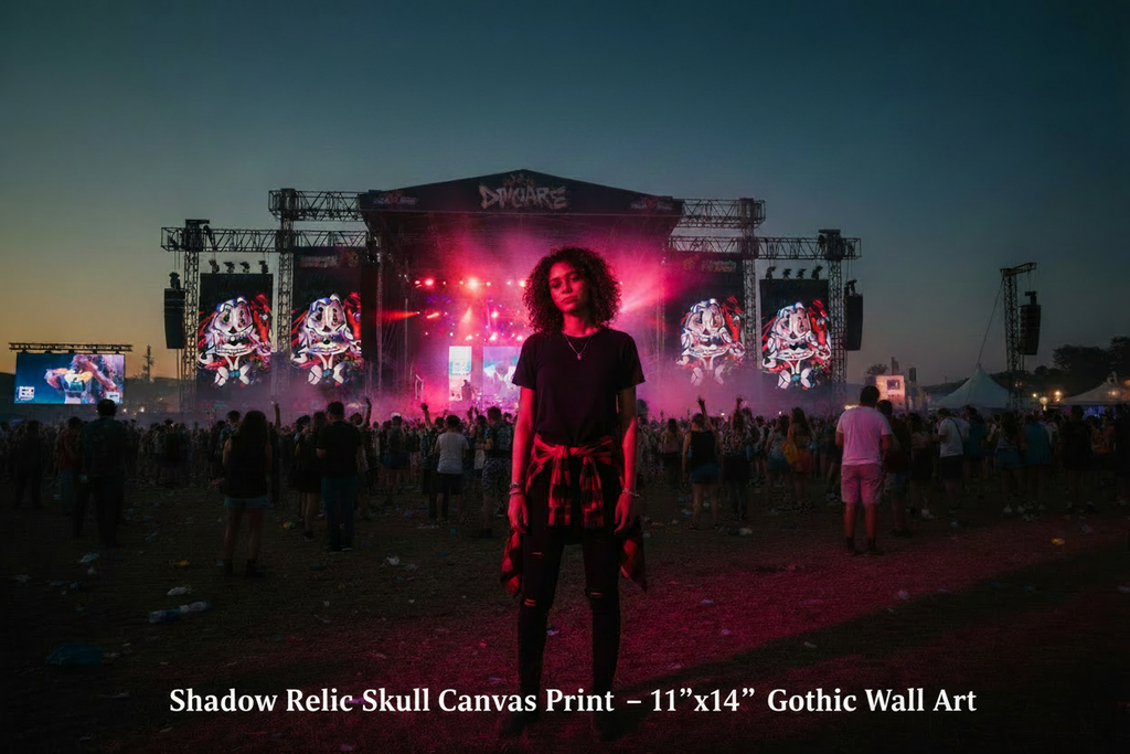 Person standing in front of a concert stage with vibrant lights and crowd.