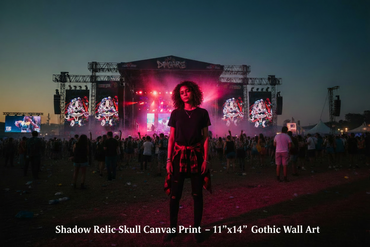 Person standing in front of a concert stage with vibrant lights and crowd.