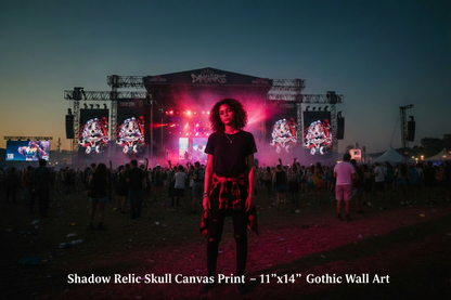 Person standing in front of a concert stage with vibrant lights and crowd.