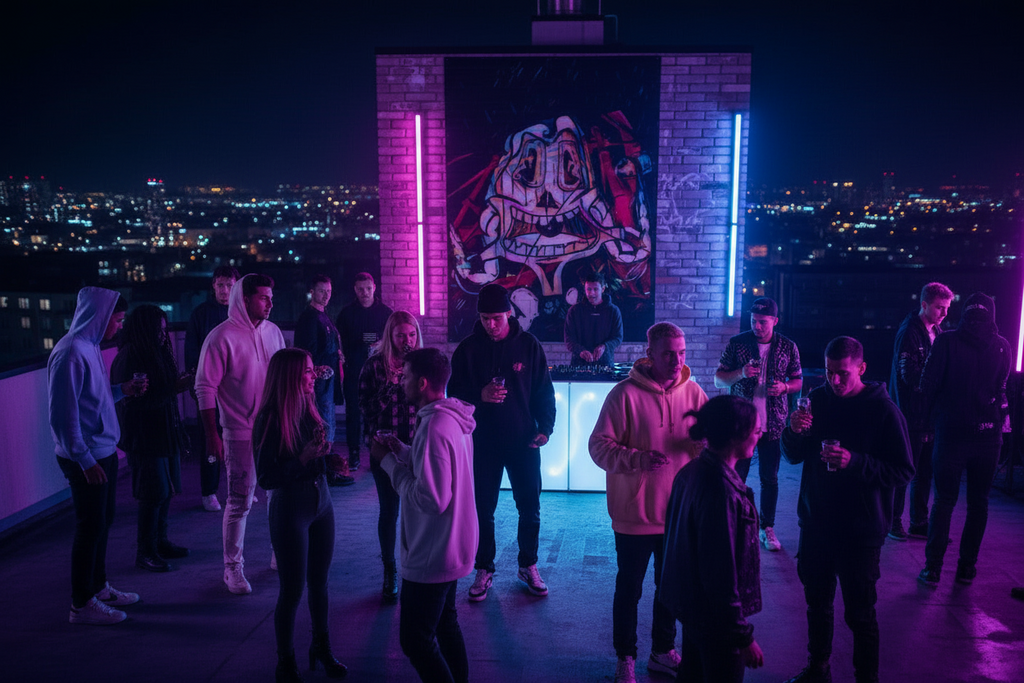 Group of people at a rooftop event with a colorful mural and cityscape in the background
