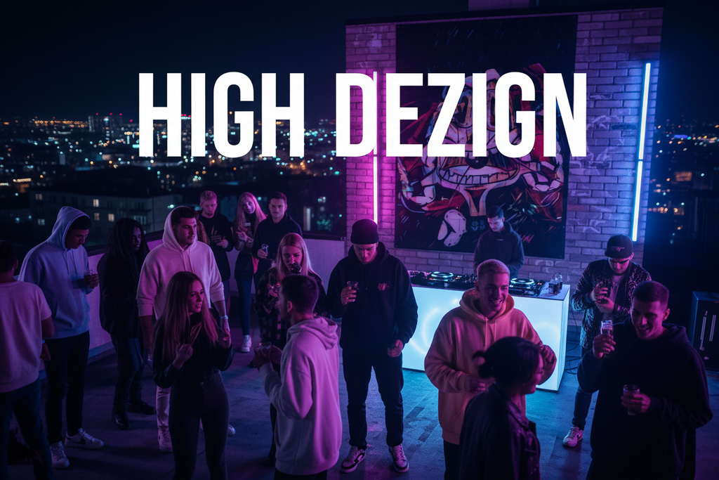 Group of people at a rooftop party with 'HIGH DEZIGN' branding.