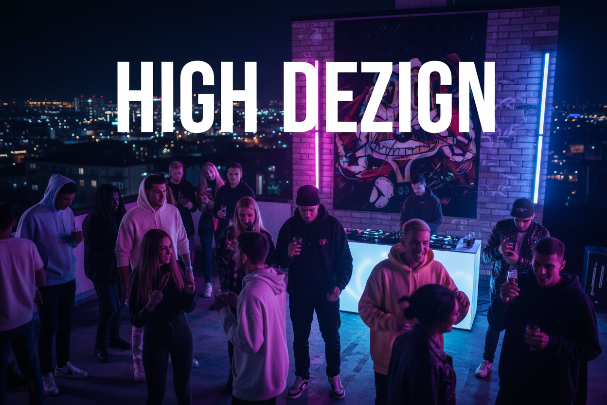 Group of people at a rooftop party with 'HIGH DEZIGN' branding.