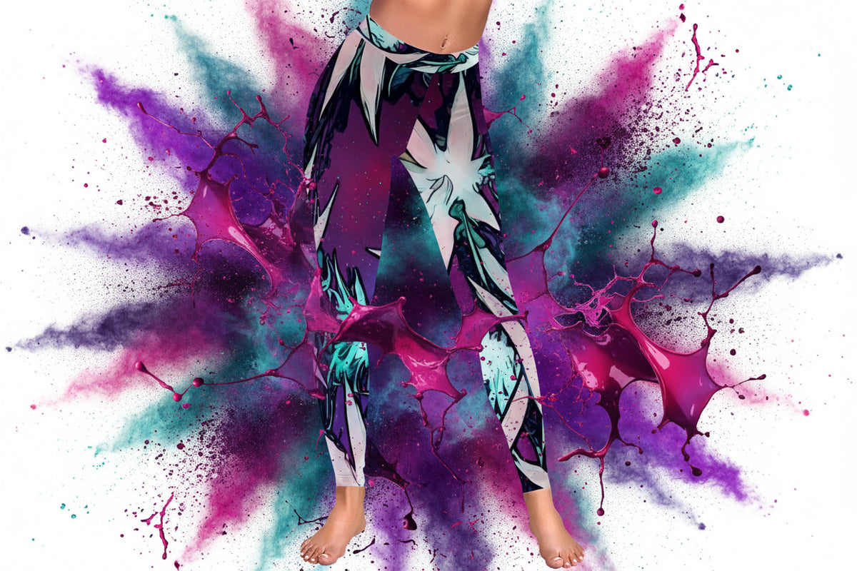 Colorful tropical leaf pattern leggings on a white background