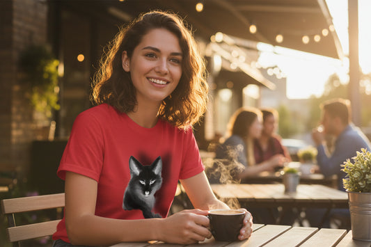 Woman in a red t-shirt with a fox design, holding a cup, sitting at an outdoor cafe.