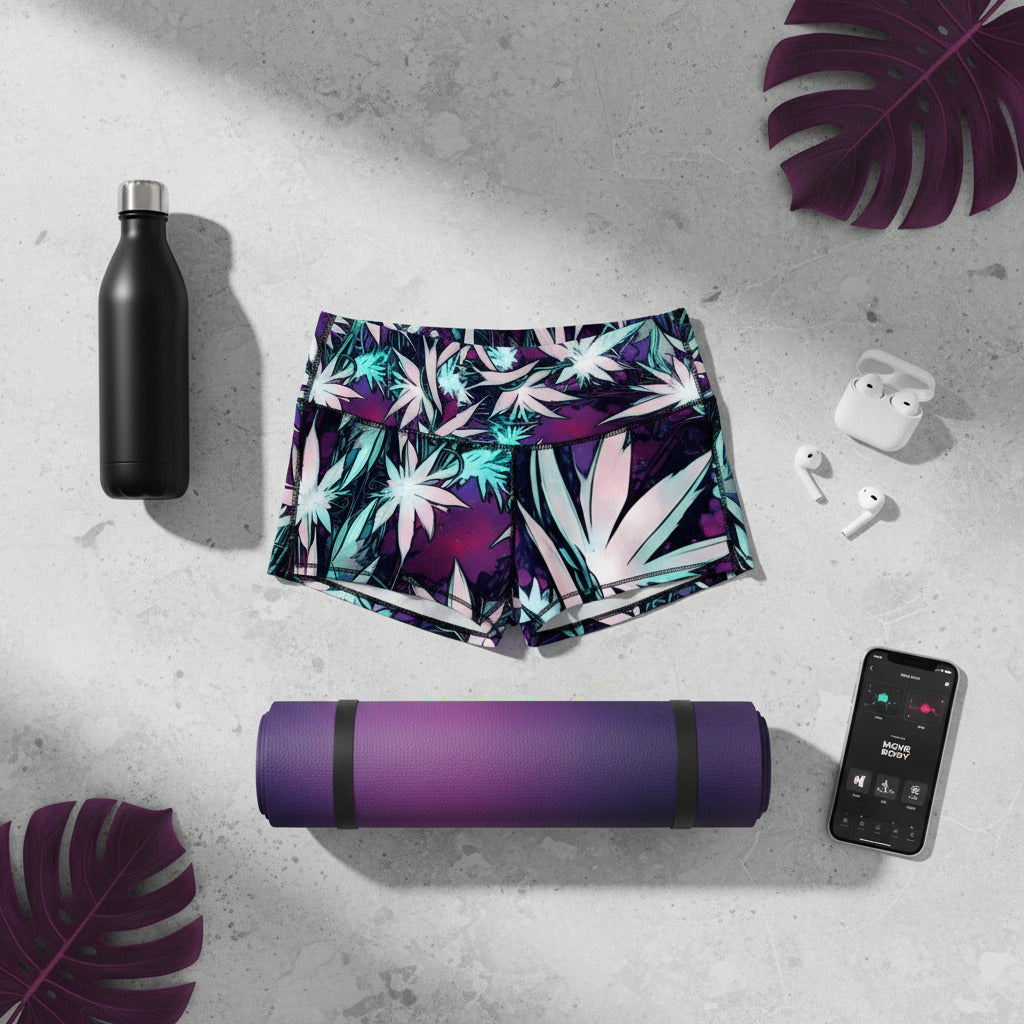 Floral shorts with a black water bottle, purple yoga mat, white earbuds, and smartphone on a gray surface.
