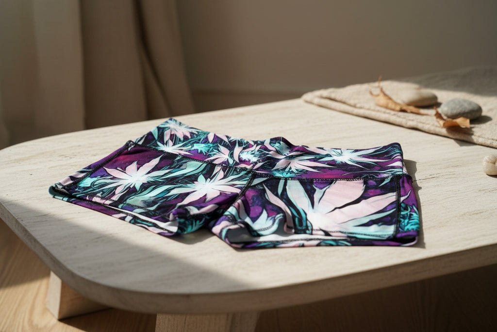 Floral shorts with a black water bottle, purple yoga mat, white earbuds, and smartphone on a gray surface.