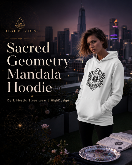 A woman wearing a white pullover hoodie with a black sacred geometry mandala print on the chest, set against a dark city skyline at dusk. The image features graphic text overlays reading 'Sacred Geometry Mandala Hoodie' and the brand 'HighDezign'.