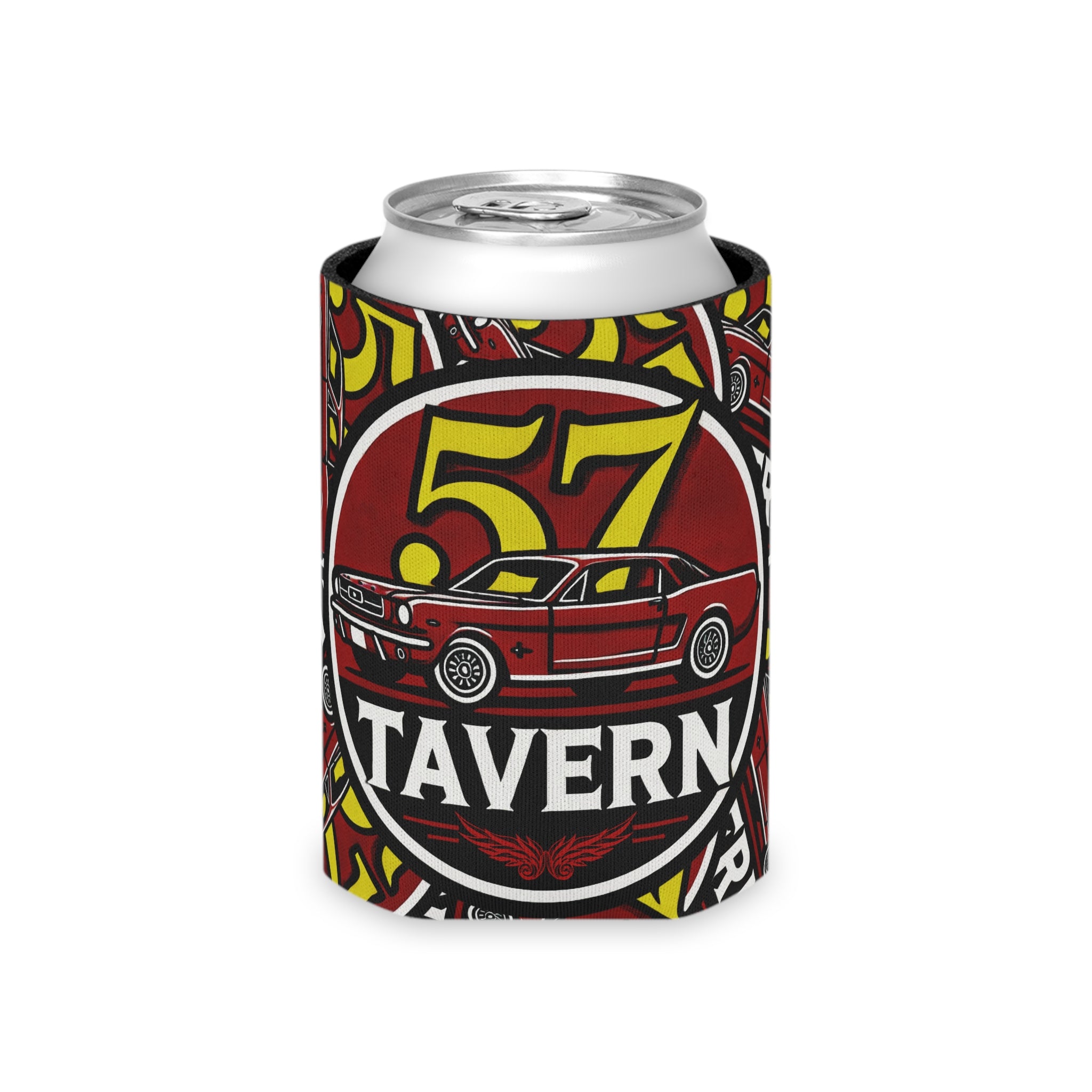 Can cooler with '57 Tavern' design featuring a car illustration on a white background