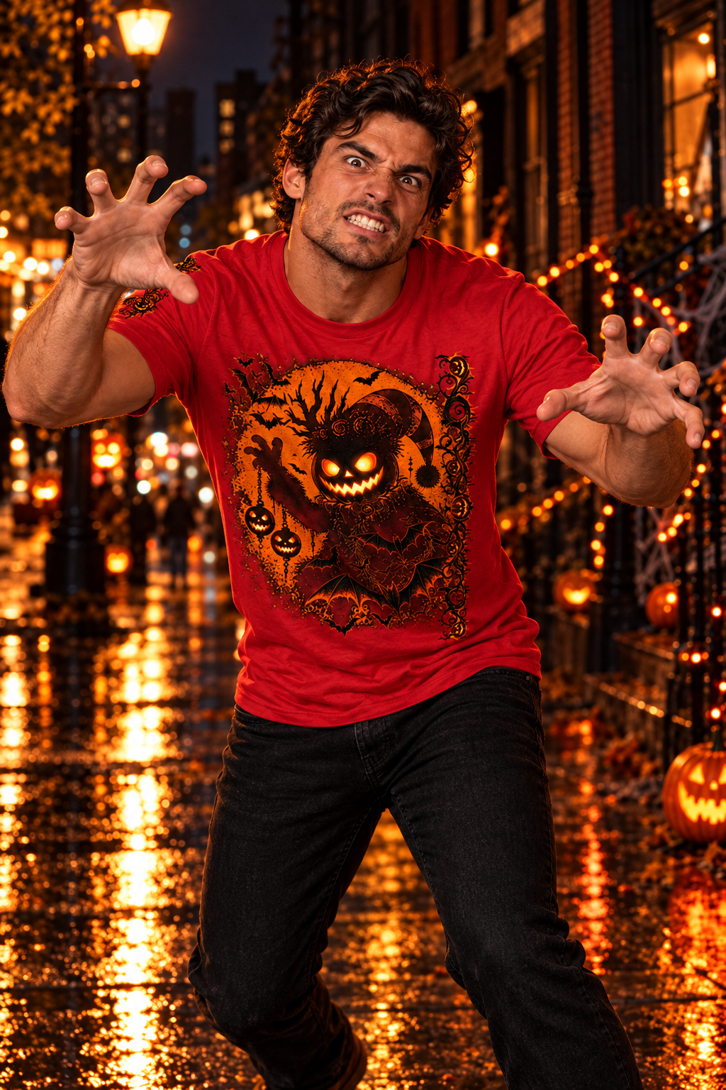 A man wearing a bright red graphic t-shirt with a spooky cartoon monster design, standing on a wet, Halloween-decorated city street at night.