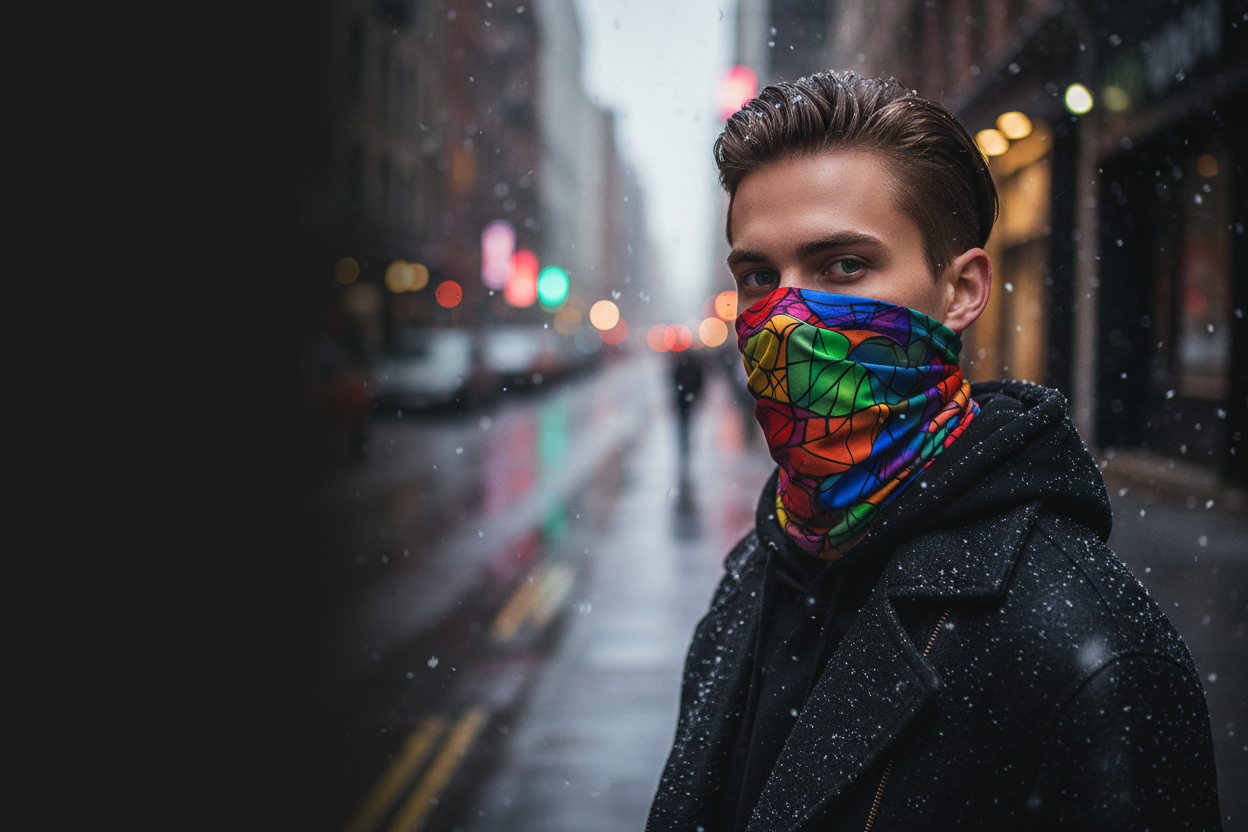 Person wearing a colorful face mask on a snowy city street