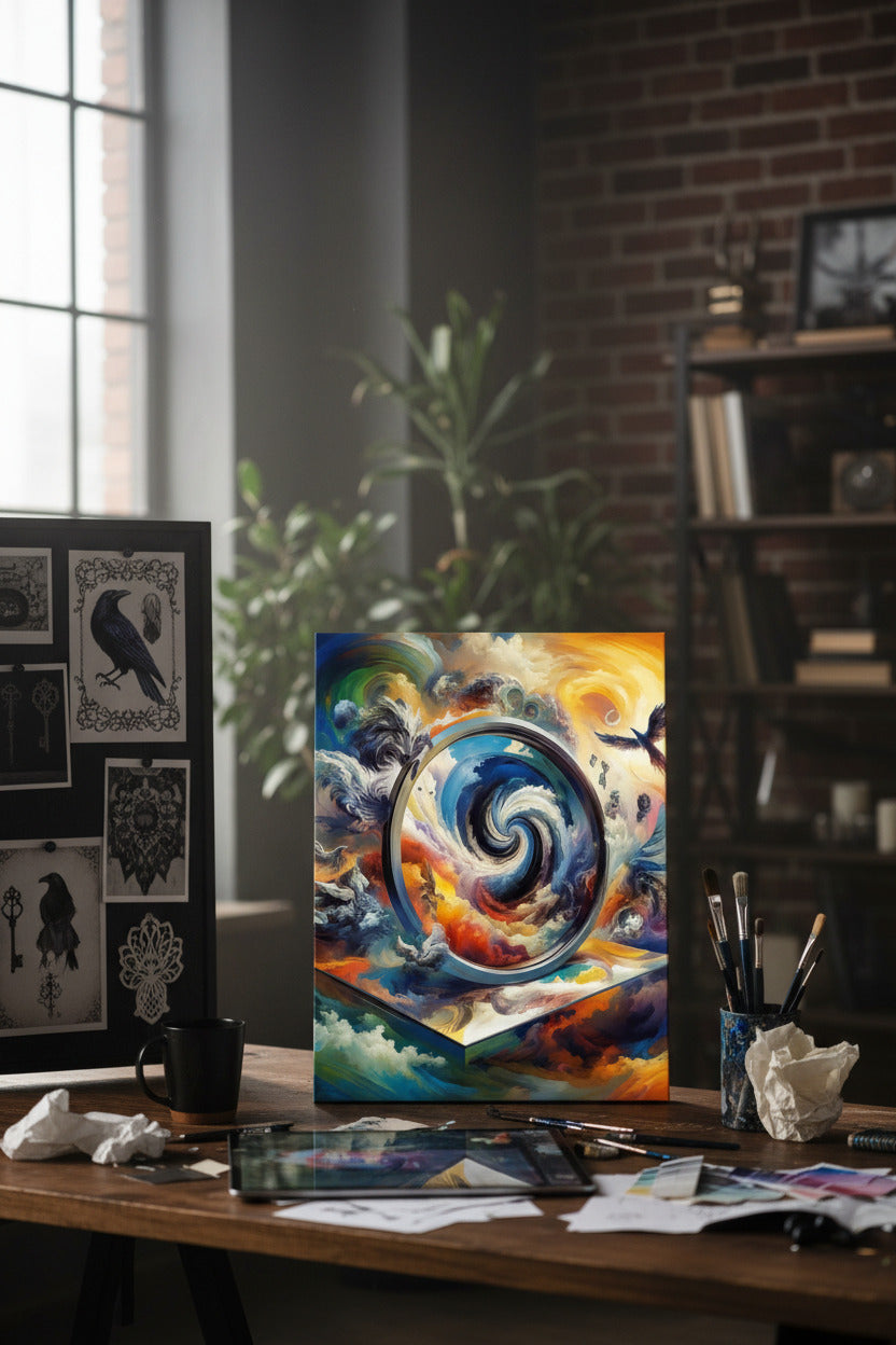 A surrealistic wall art featuring a vortex at the center with swirling colors and bird motifs flying around. Books are also depicted in the image, suggesting a theme of imagination and creativity.