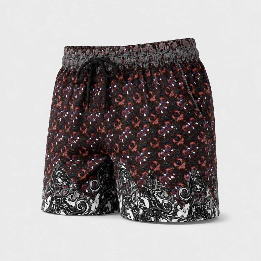 A pair of men's swim trunks featuring a black base with a red and white patterned print, a gray elastic waistband, and a black drawstring, set against a light gray background.