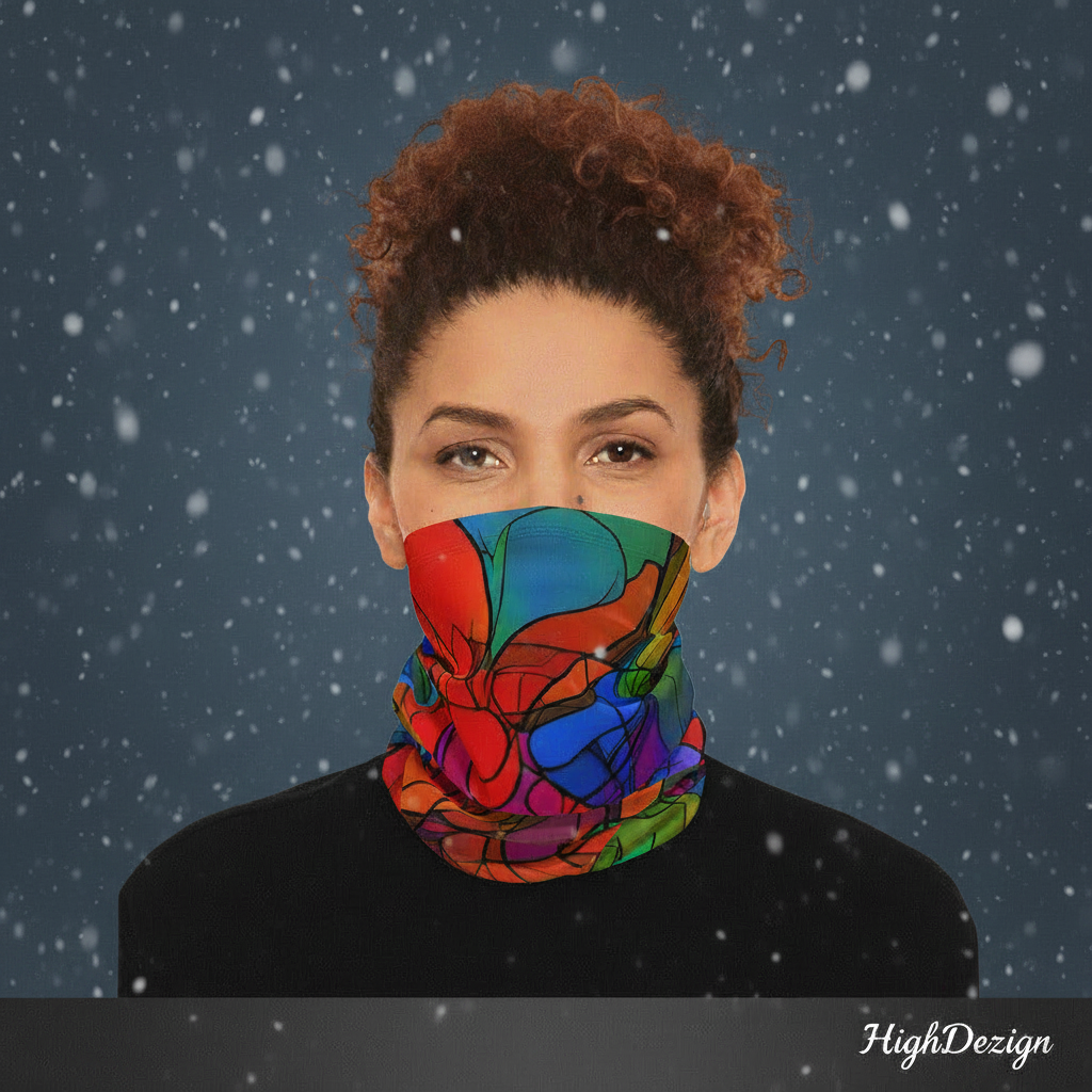 Person wearing a colorful scarf in a snowy background