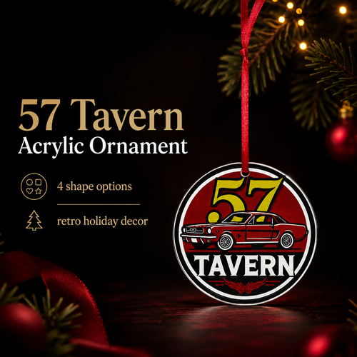 A circular acrylic Christmas ornament featuring a red car and the text '57 TAVERN' in white and yellow, hanging from a red ribbon against a dark holiday background with pine branches and warm lights.