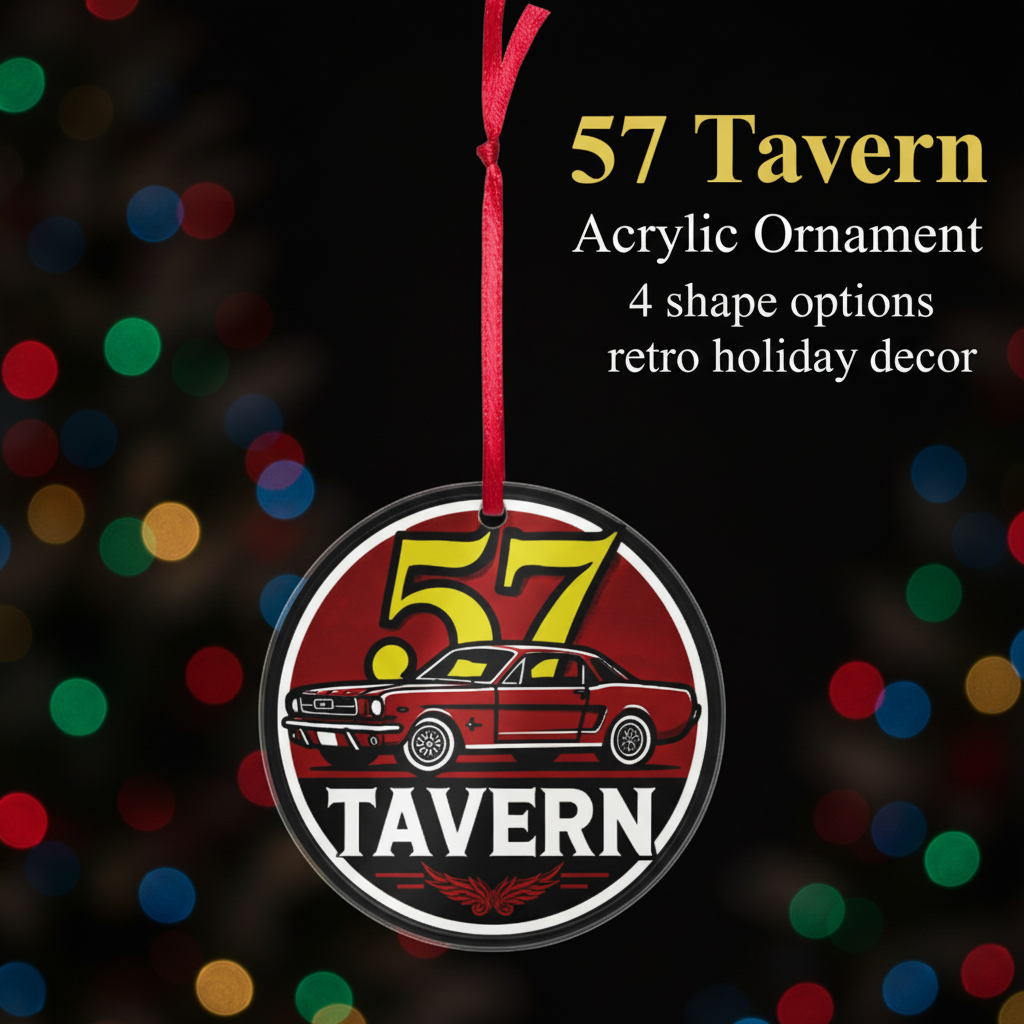 A round acrylic hanging ornament for 57 Tavern, featuring a red classic car and bold yellow and white lettering on a dark background. The ornament is suspended by a red ribbon, with product text overlays on a black backdrop with colorful blurred lights.