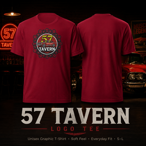 Two views of a red graphic T-shirt displayed against a dark bar-and-car backdrop. The front view shows a circular '57 Tavern' logo print on the chest, and the back view shows a plain back.