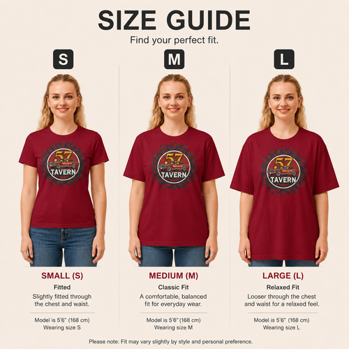 A size guide chart showing three women modeling a burgundy t-shirt with a '52nd Tavern' graphic, labeled with sizes S, M, and L and their fit descriptions on a light beige background.