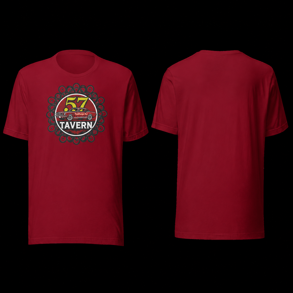 A red short-sleeve crewneck t-shirt shown from both the front and back against a solid black background. The front features a circular graphic with a vintage race car and the text '57 TAZZAR TAVERN'.