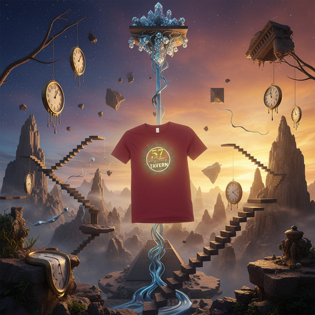 Red t-shirt with a logo in a surreal landscape with floating clocks and staircases.