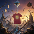 Red t-shirt with a logo in a surreal landscape with floating clocks and staircases.
