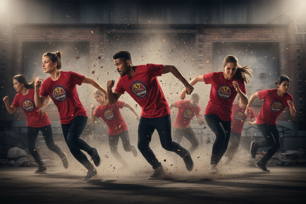 Group of people in red shirts running in a dark, industrial setting