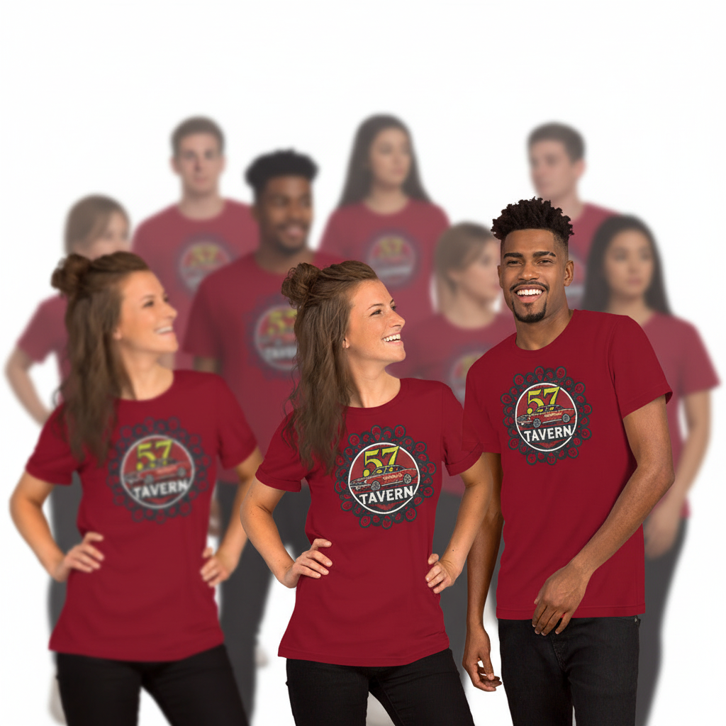 Group of people wearing red t-shirts with a 57 Tavern logo on a white background