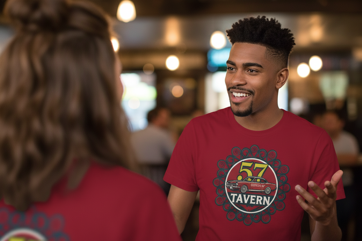 Man wearing a red t-shirt with a logo and text, standing in a casual setting.