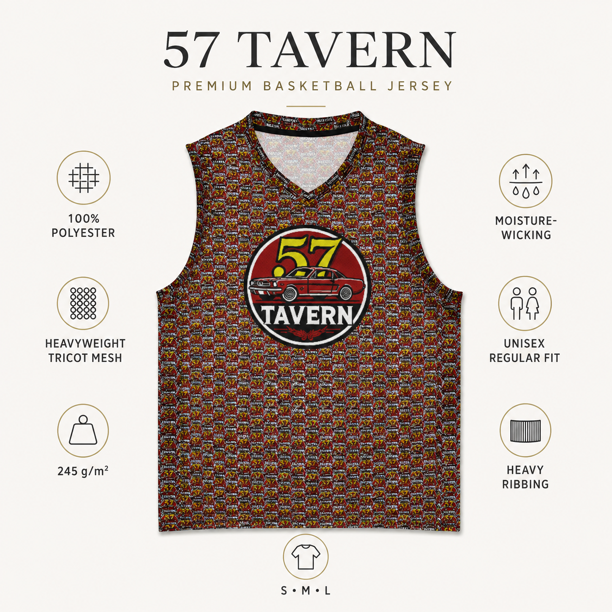 A 57 Tavern premium basketball jersey displayed on a light beige background with feature callouts. The jersey features a retro 1970s arcade machine pattern in red, yellow, and brown tones, with a circular '57 TAVERN' logo on the chest.