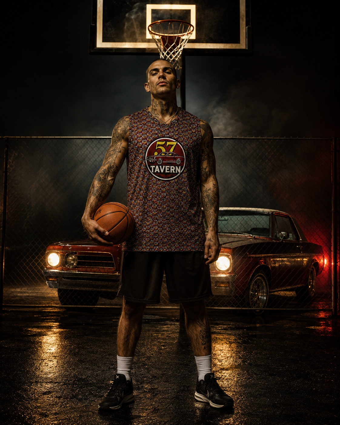 A tattooed male model stands on a wet basketball court holding a basketball, wearing a dark patterned sleeveless jersey with a 'RZ Tavern' logo, black shorts, and sneakers. A vintage car and a basketball hoop are visible in the background.