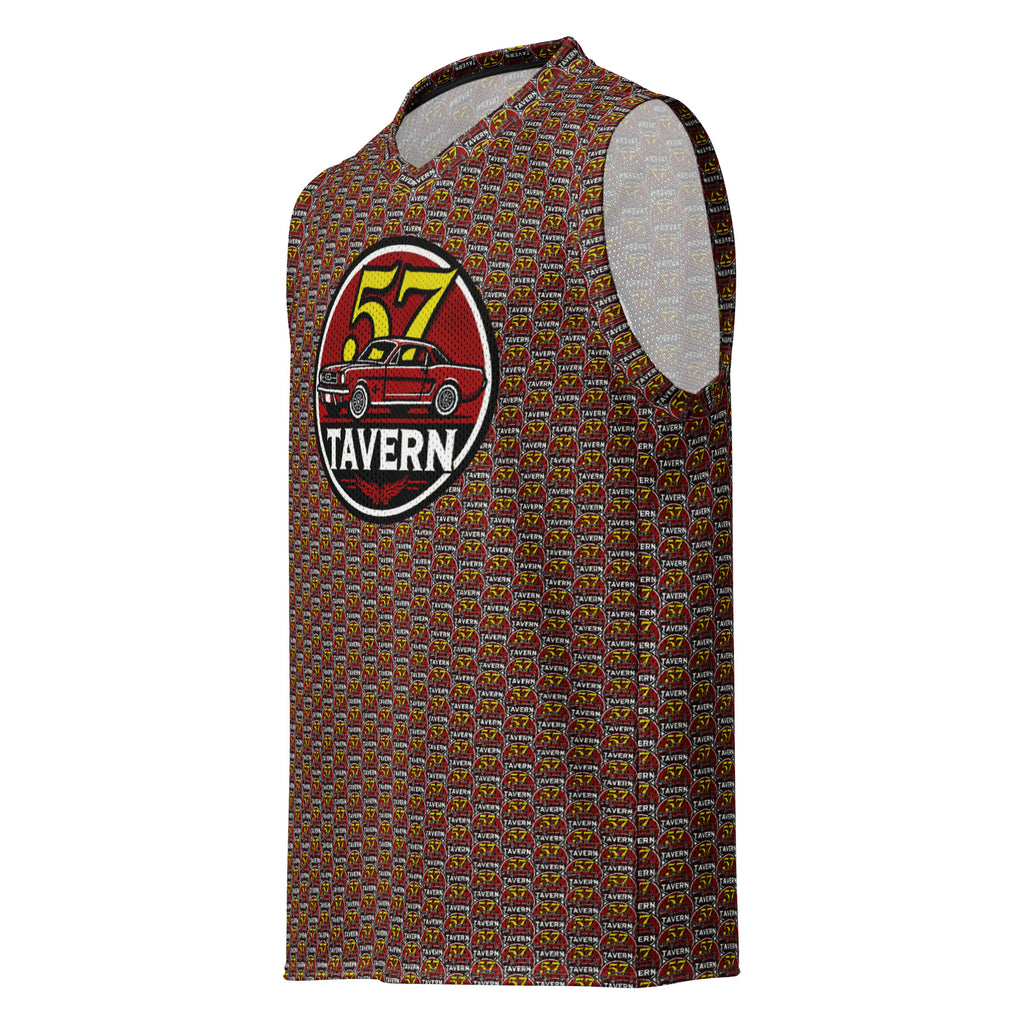 A sleeveless athletic jersey with a brown and red geometric pattern, featuring a circular '57 Tavern' graphic on the chest and a light gray mesh lining visible inside the collar and armholes.