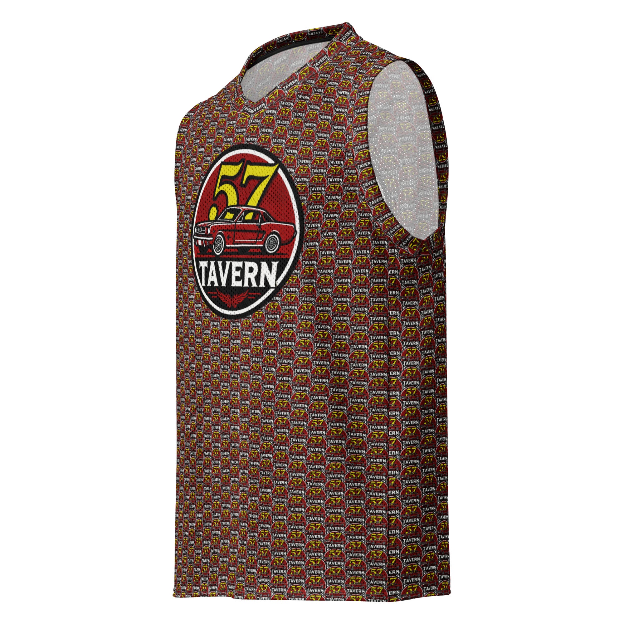 A sleeveless athletic jersey with a brown and red geometric pattern, featuring a circular '57 Tavern' graphic on the chest and a light gray mesh lining visible inside the collar and armholes.