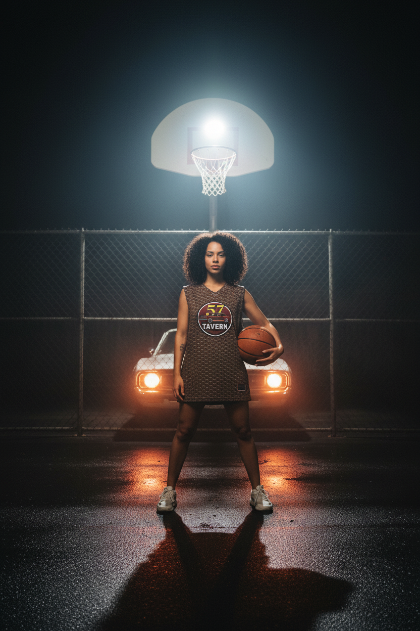 A woman stands on a basketball court holding a basketball, wearing a dark patterned Philadelphia 76ers jersey dress. A car with headlights on is parked behind her, and a bright basketball hoop is illuminated above her against a dark background.