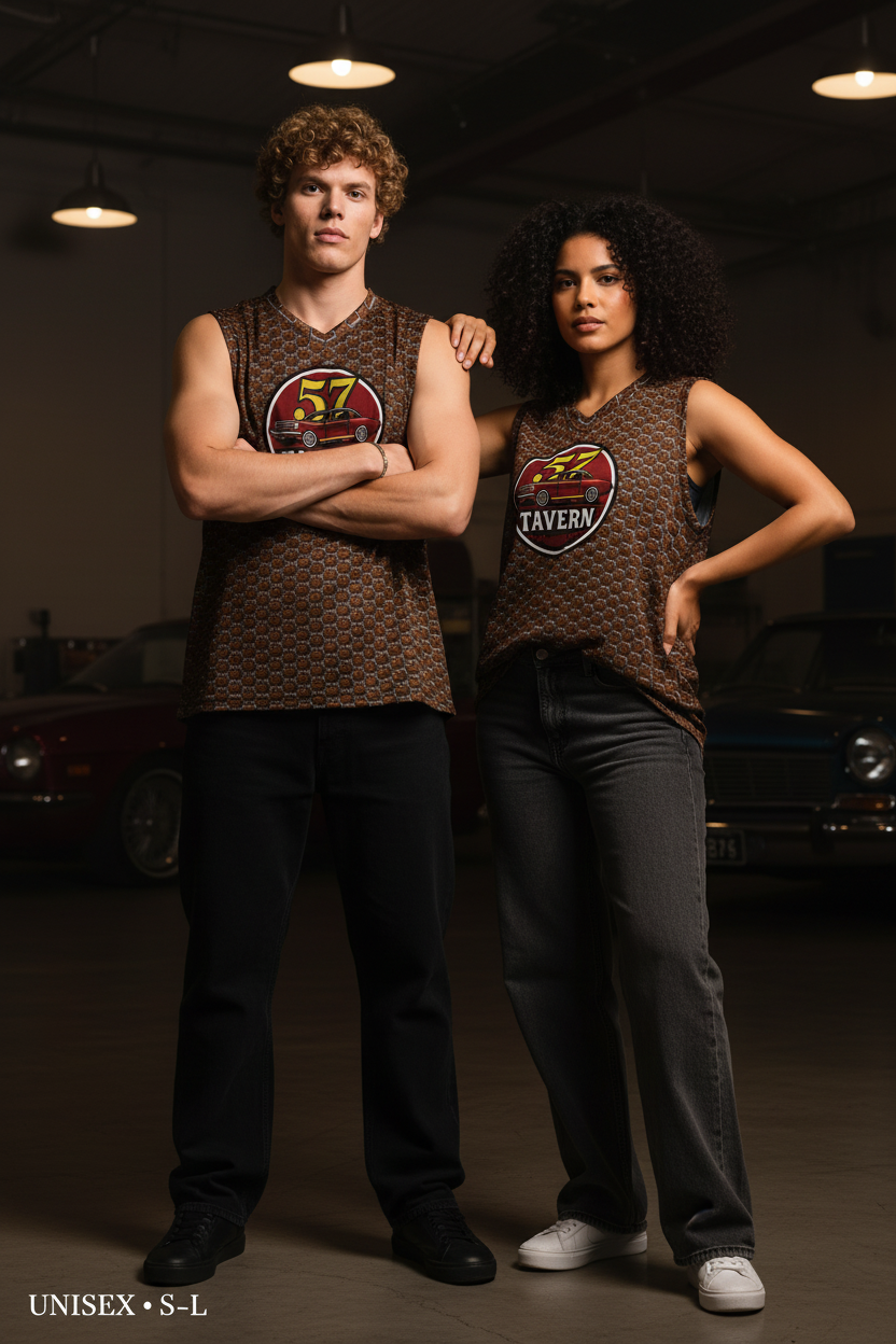 Two models standing in a dimly lit garage wearing matching brown patterned sleeveless shirts with a circular 'FZ TAVERN' graphic on the chest, paired with dark jeans and black sneakers.