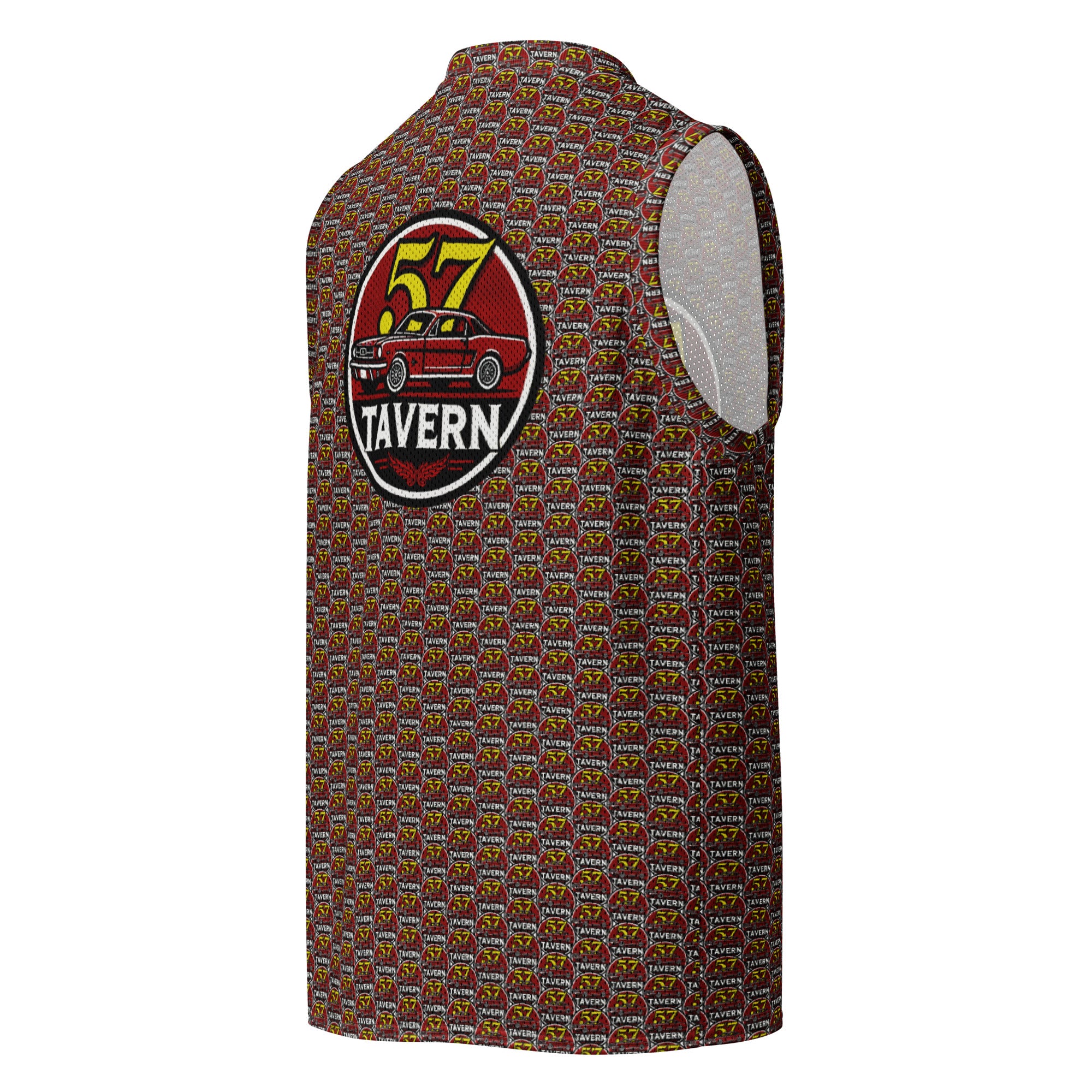 A sleeveless athletic jersey shown from the back, featuring a brown and red geometric pattern with a circular '57 Tavern' graphic on the upper back.