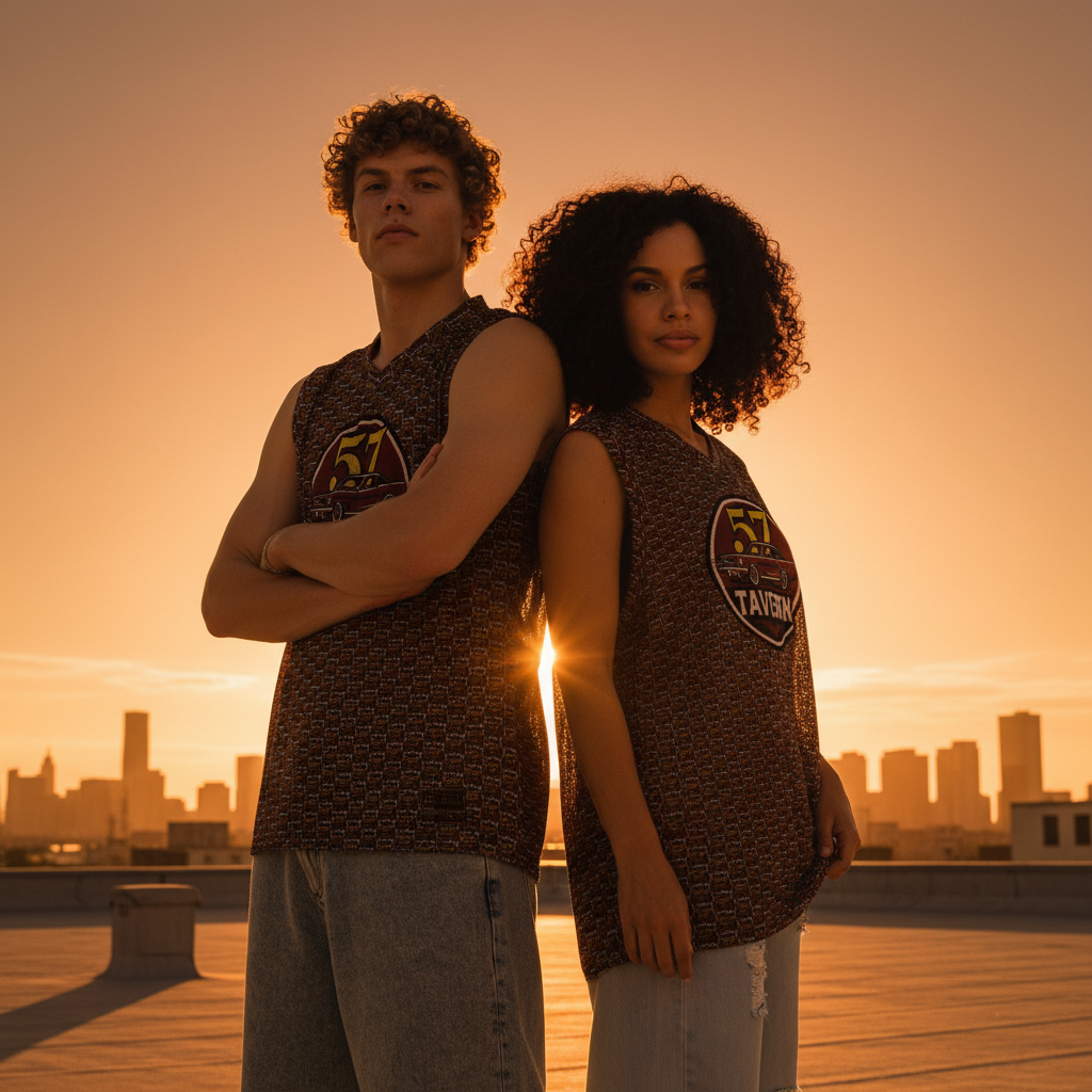 Two people standing on a rooftop with a city skyline in the background during sunset.