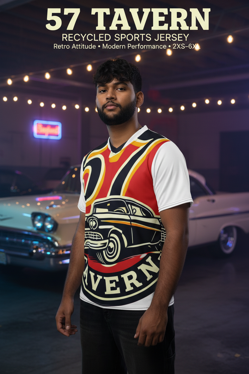 A man wearing a vintage-style recycled sports jersey with a retro car graphic and '57 TAVERN' text, standing in a garage-like setting with classic cars and string lights in the background.
