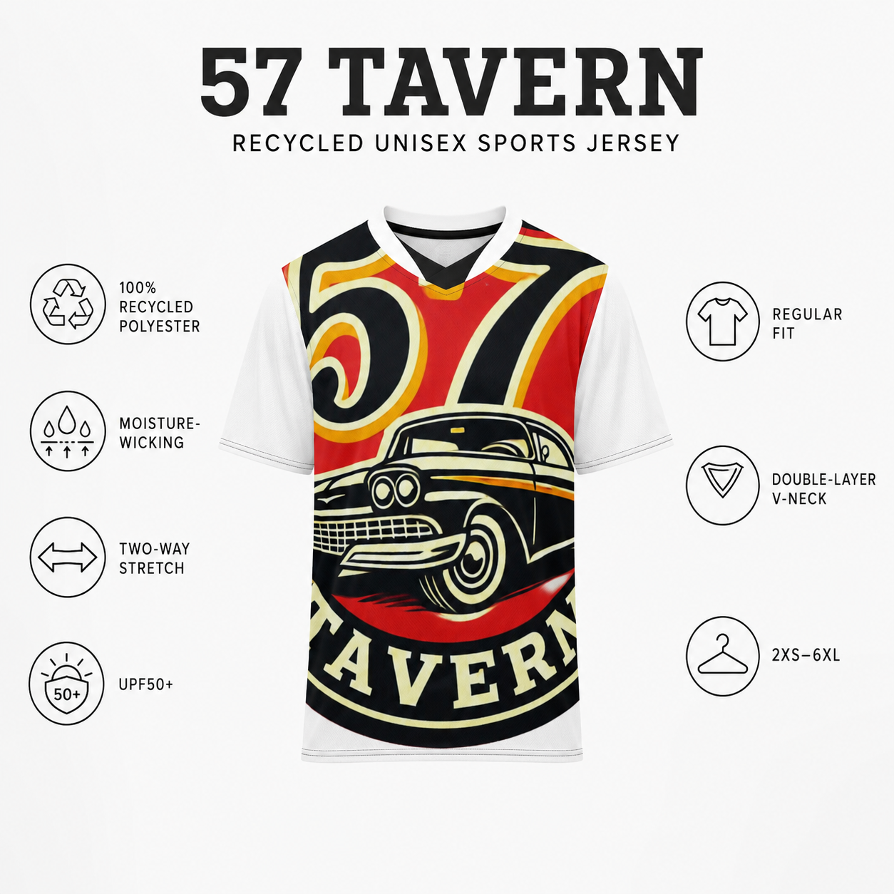 A recycled unisex sports jersey for '57 Tavern' featuring a retro black, red, and yellow car graphic on a white base. The image includes feature icons and text highlighting its recycled polyester, moisture-wicking, stretch, and UPF50+ qualities.