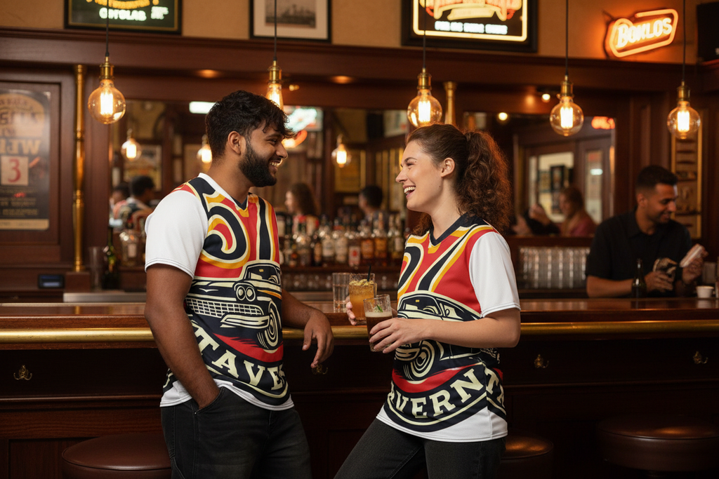 A man and a woman standing and smiling at a bar, both wearing matching graphic t-shirts with a red, yellow, black, and white design that reads 'Tavern' and features a stylized illustration.
